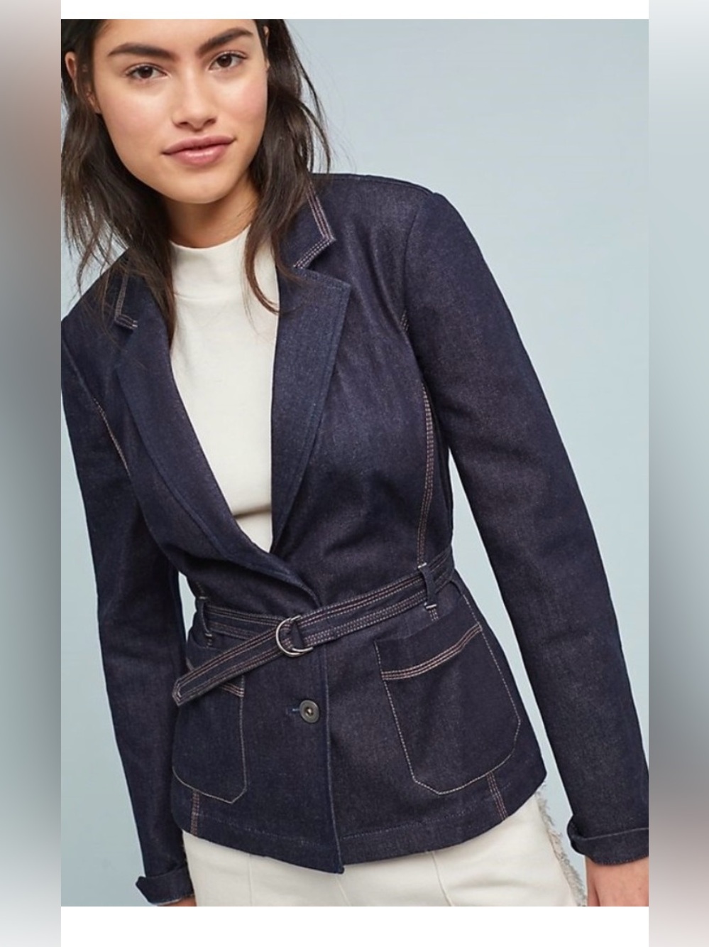 Anthropologie Cartonnier Stitched Denim Blazer Jacket Size 12